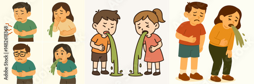 Collection of a man and woman vomiting and scattered style vector flat design