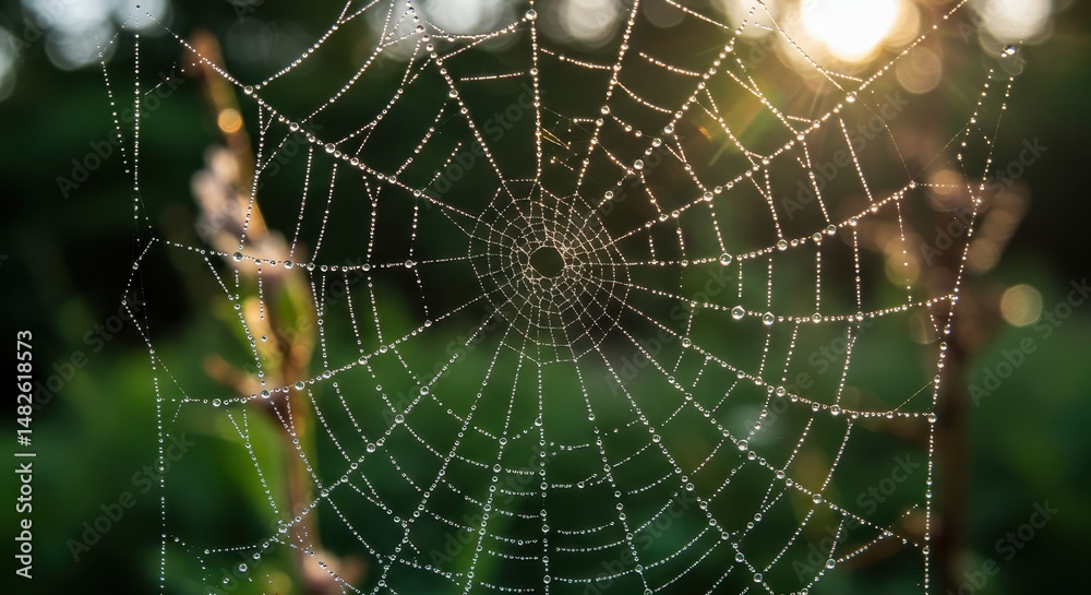 Fototapeta premium Dew-Covered Spiderweb at Sunrise