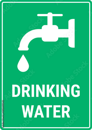 Drinking water sign with faucet icon and water droplet. Vector A4-sized sign for use in public places, parks, and facilities
