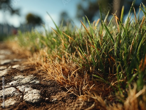 Close-up view of green and dry grass along a sunlit path with shallow depth of field and natural outdoor ambiance