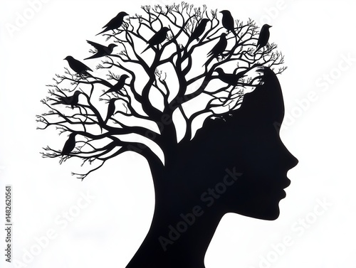 Silhouette of a woman's profile with a tree and birds, showcasing nature and identity