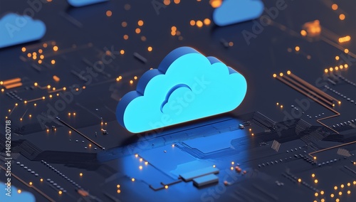 Modern cloud computing technology represented with illuminated cloud icons on a circuit board