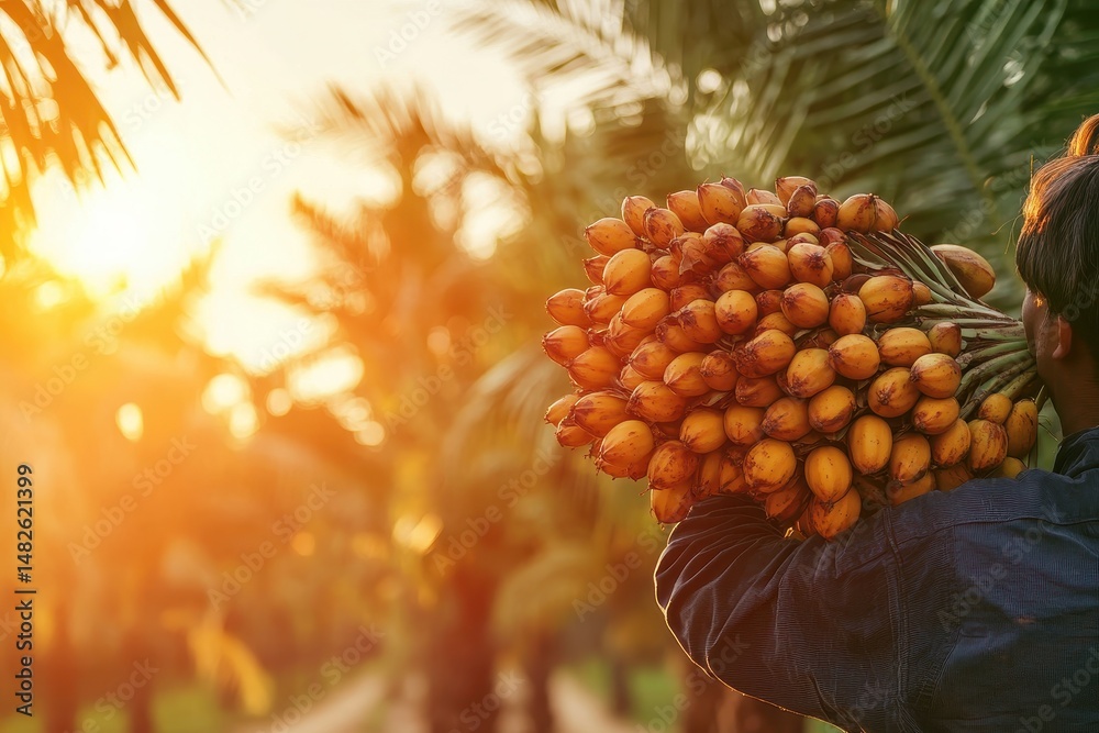 Young Man Holding Bunch of Freshly Harvested Fruits at Sunset Young Man Holding Bunch of Freshly Harvested Fruits at Sunset