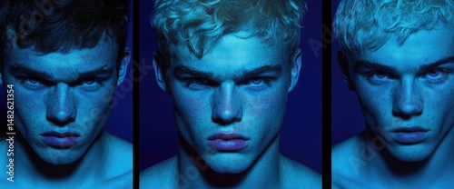 Triptych portrait of three fair-skinned men with light hair in blue light; intense gaze, similar features