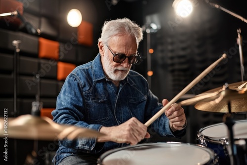 Elderly man plays drums in a modern music studio during a jam session with passion and focus
