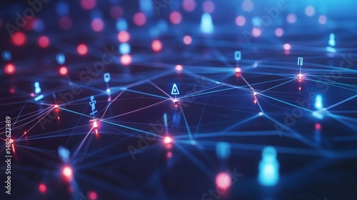A concept of a decentralized finance network with smart contracts connecting users. 