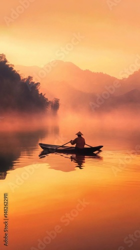 Serenity at dawn as a lone fisherman paddles through misty waters of a tranquil lake