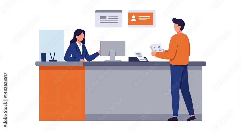 Obraz premium A customer interacting with a bank employee at a counter for financial service.