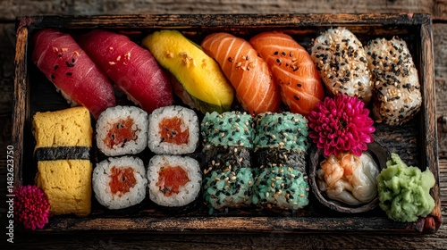 Bento grande para compartir, bandeja de sushi y pescados de temporada bandeja grande, agucate salmon flores comestibles y verduras frescas, comida tipica japonesa