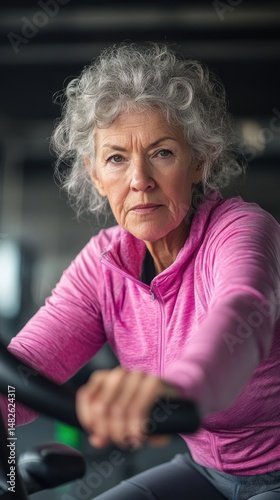 Fit older woman exercising on stationary bike in modern gym during daylight hours