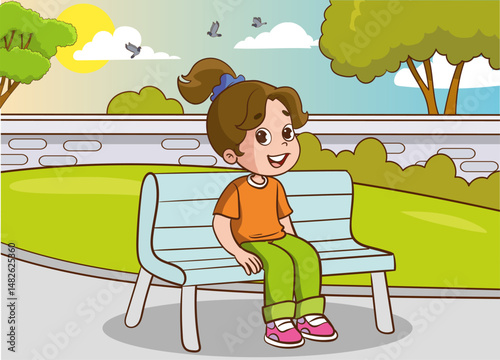 vector illustration of children sitting on park bench