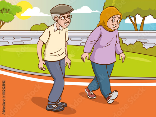 vector illustration of old couple on morning walk