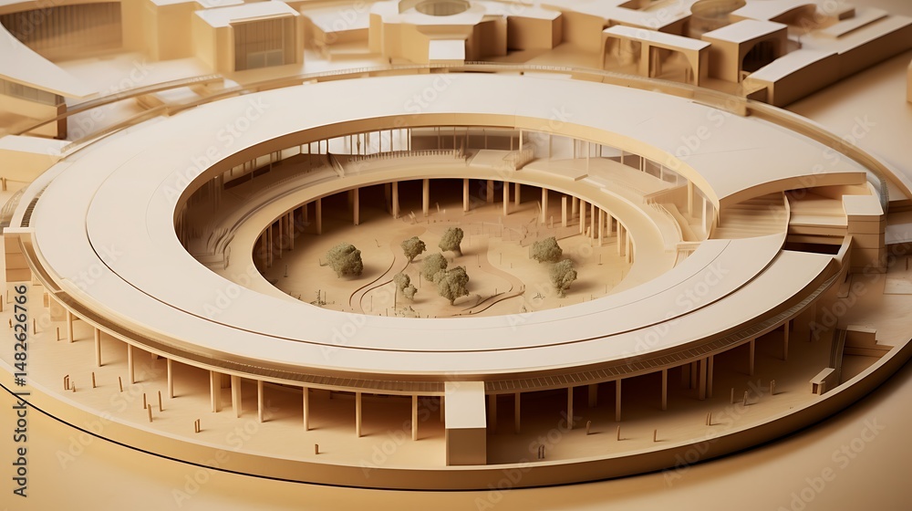 Fototapeta premium A circular building model with a glass ring design and open central courtyard, placed on a neutral tan background.
