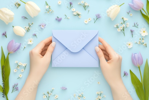 Hands holding a blue envelope surrounded by fresh flowers and a pastel background