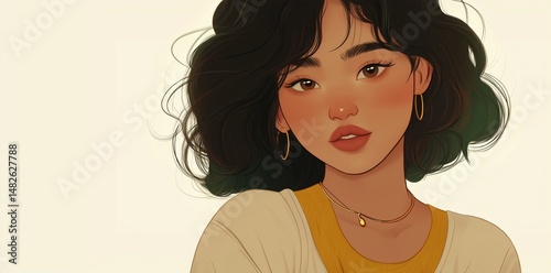 Young woman with curly hair poses with a soft expression and casual clothing indoors