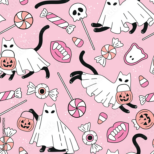 Seamless vector pattern with Halloween black cat ghosts with sweeties. Hand drawn creepy Halloween cat with sweeties. Perfect for wallpaper or fabric print design. EPS 10 vector file.