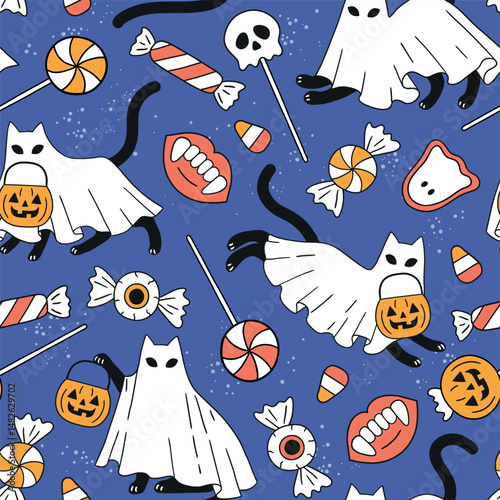 Seamless vector pattern with Halloween black cat ghosts with sweeties. Hand drawn creepy Halloween cat with sweeties. Perfect for wallpaper or fabric print design. EPS 10 vector file.