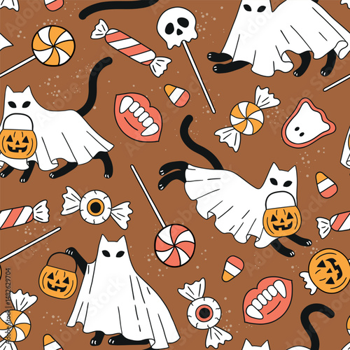 Seamless vector pattern with Halloween black cat ghosts with sweeties. Hand drawn creepy Halloween cat with sweeties. Perfect for wallpaper or fabric print design. EPS 10 vector file.