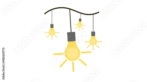chandelier on white background. decorative lamp. some light bulbs. light bulb. the light bulb turns on. idea lamp. yellow light. flat style. glowing lights. simple animation, motion graphics.