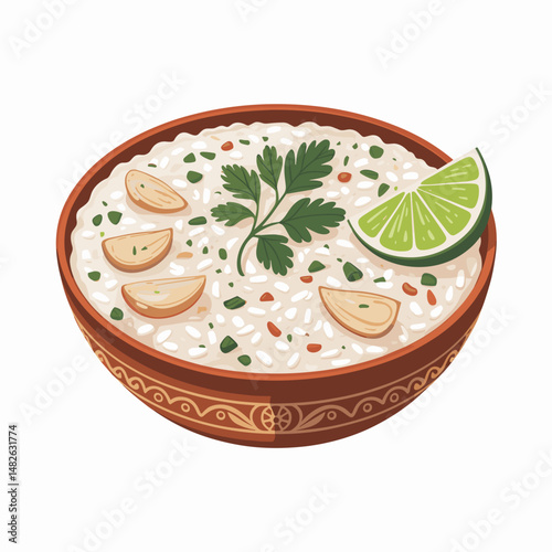 Filipino Arroz Caldo with Garlic, Lime and Rice Garnish