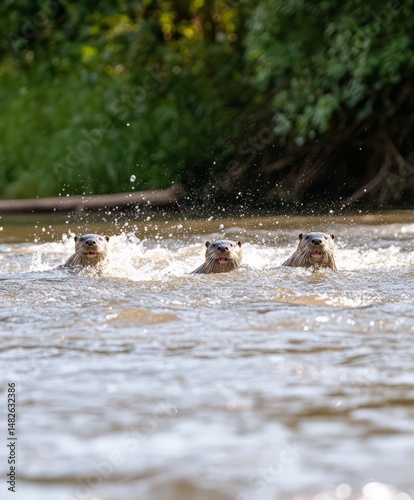 Playful otters swimming in river nature photography outdoor scene photo