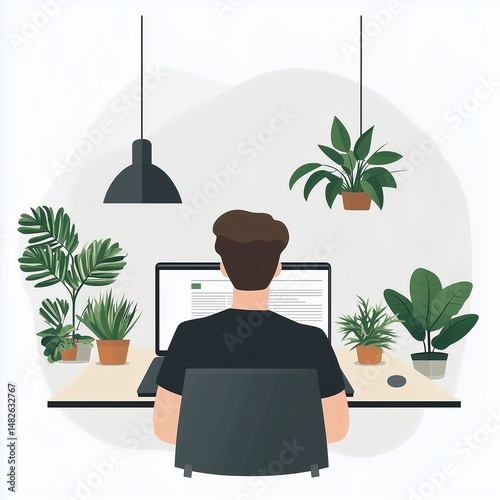 A person working at a desk surrounded by plants in a modern home office setting