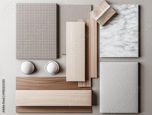 Collection of various material samples for interior design and architectural projects