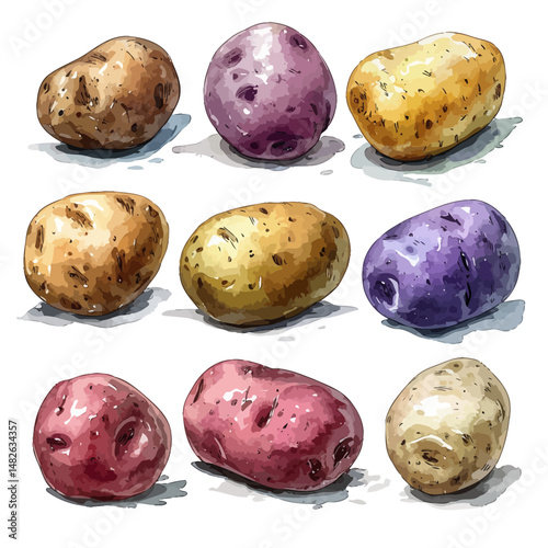 Colorful Watercolor Potato Variety Set with Natural Textures