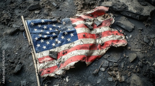 Torn and damaged american flag laying on destroyed ground