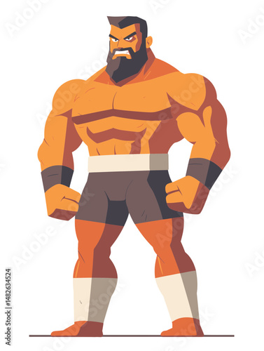 Cartoon Strongman Character with Beard and Power Pose