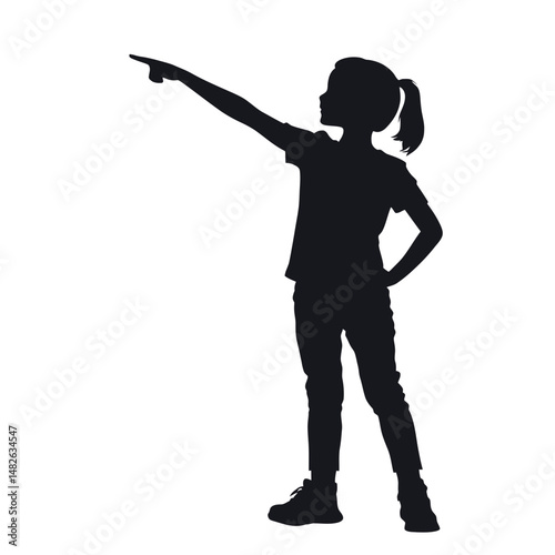 Silhouette of Young Girl Pointing with One Hand Raised