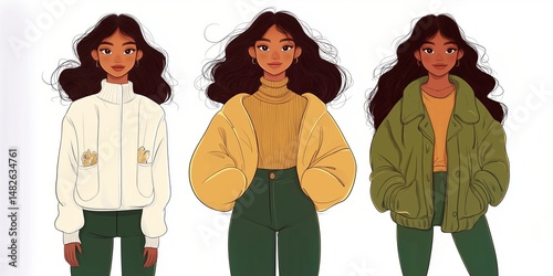 Young woman showcasing three stylish outfits in a minimalist setting with vibrant colors