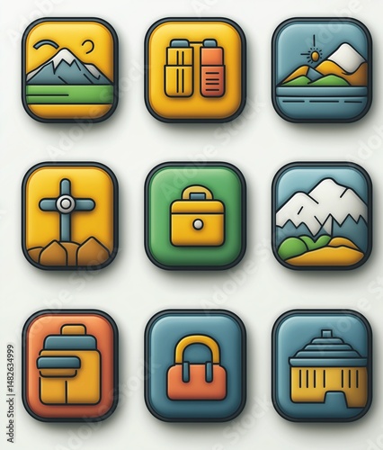 Colorful outdoor activity icons depicting adventure and nature themes in a grid layout