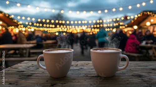 Festive market ambiance with steaming beverages for holiday cheer and conviviality