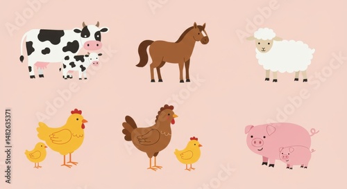 Cute cartoon farm animals on a pastel pink background for various projects