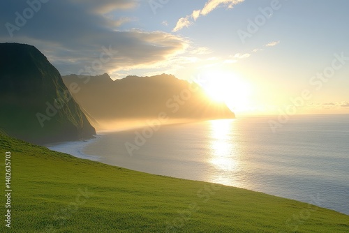 Coastal serenity grassy hill meets ocean under a bright, sunlit sky