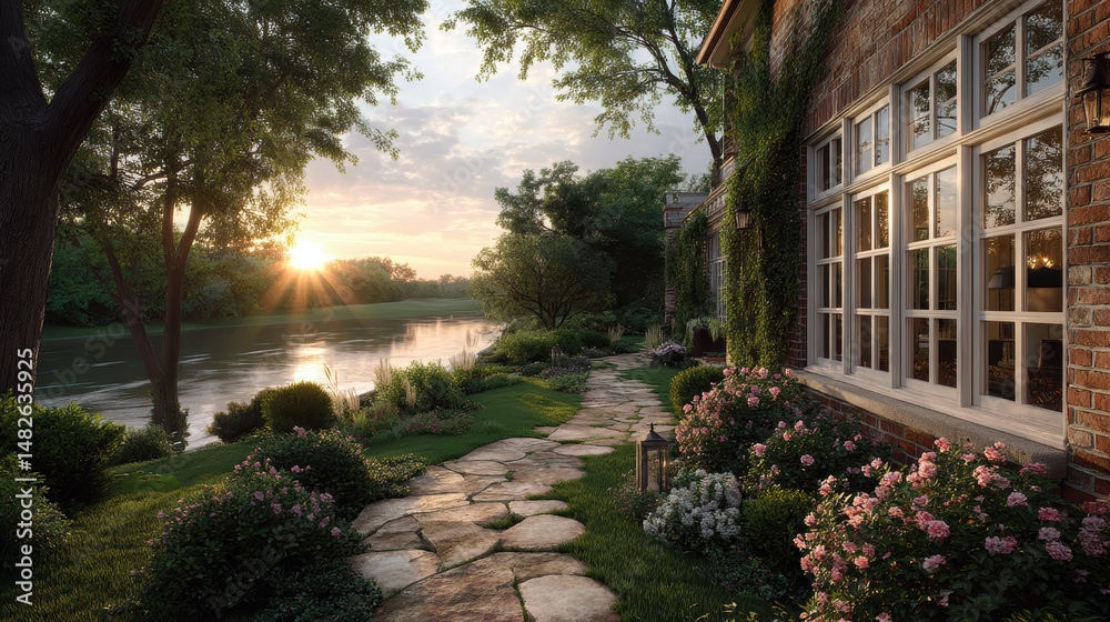 Obraz premium Beautiful riverfront garden at sunset with blossoming flowers and peaceful waterside view