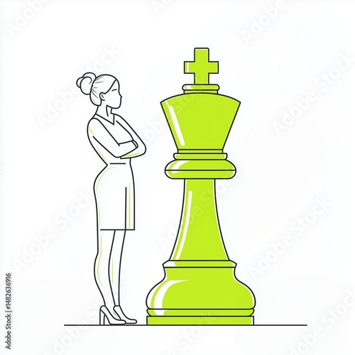 Woman stands confidently beside a large green chess king in a minimalistic design
