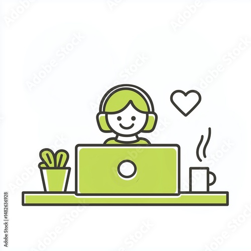 Person enjoying work at a desk with headphones, a plant, and a coffee cup