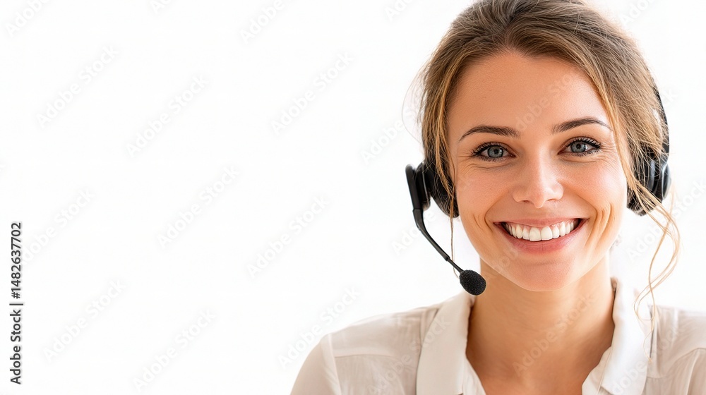 Smiling Remote Worker with Headset on White Background Smiling Remote Worker with Headset on White Background