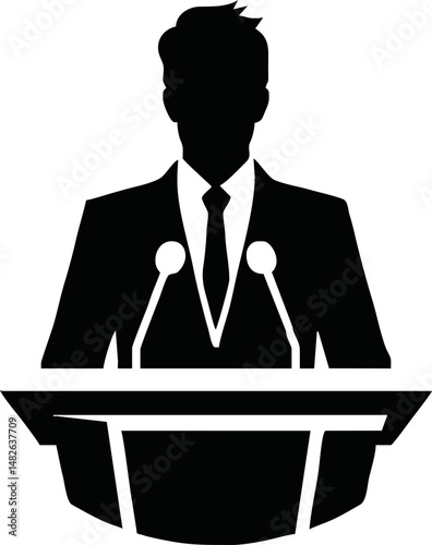 Silhouette of a leader or CEO speaking at a podium, public speaking or leadership concept, flat vector in black and white, minimal and professional style