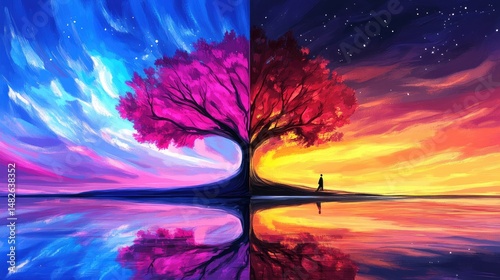 Colorful tree, split sky, figure. Mirror reflection