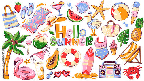 Summer sea beach vacation cartoon elements and stickers set. Funny sunglasses and cocktail, flamingo ring and swimsuit, ice cream. Summer holidays mascot, cartoon cute collection vector illustration