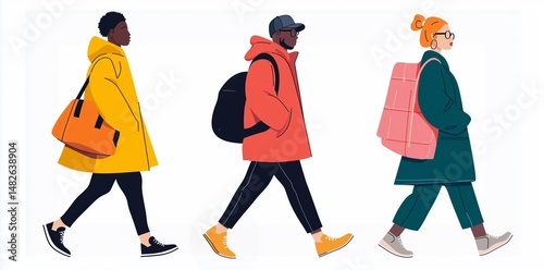 Group of diverse individuals walking casually in modern attire during daytime outdoor setting
