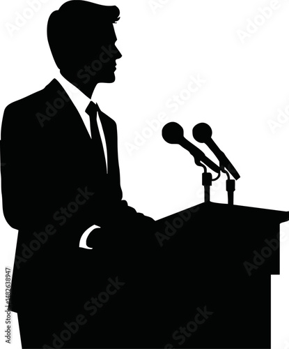 Silhouette of a leader or CEO speaking at a podium, public speaking or leadership concept, flat vector in black and white, minimal and professional style