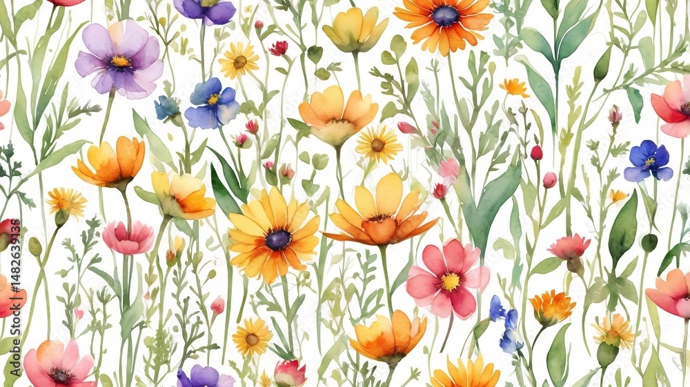 Fototapeta premium A Watercolor of a field of flowers with a white background.