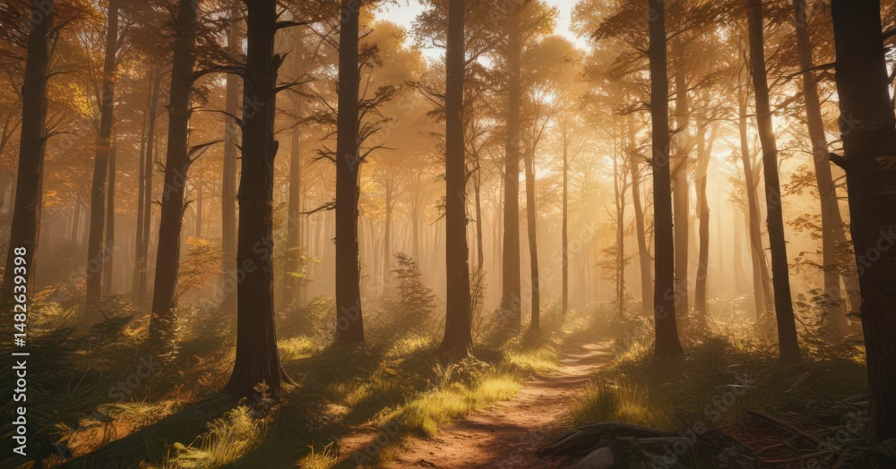 Obraz premium Sunlight streams through dense woodland, painting the trees in warm hues , woods, clouds, soil
