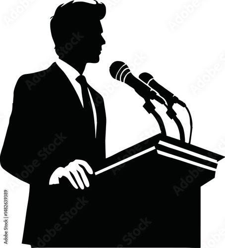 Silhouette of a leader or CEO speaking at a podium, public speaking or leadership concept, flat vector in black and white, minimal and professional style