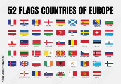 52 Europe country flags with names, flat design style, perfect for education, infographics, and geography learning materials.