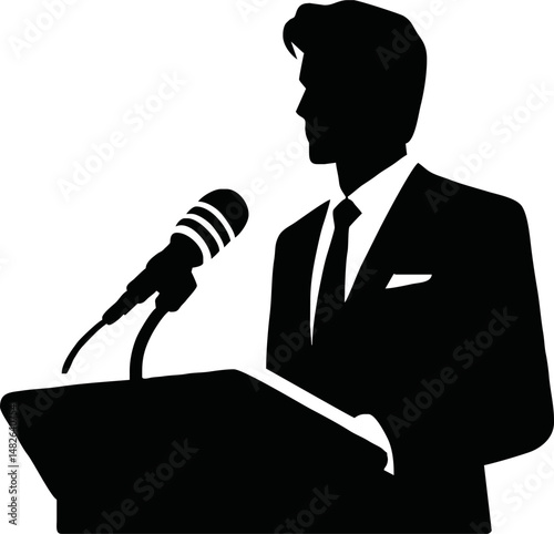 Silhouette of a leader or CEO speaking at a podium, public speaking or leadership concept, flat vector in black and white, minimal and professional style